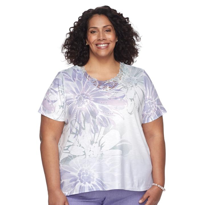 Plus Size Alfred Dunner Studio Floral Embellished Top, Women's, Size: 2xl, Purple Flowers Jewels