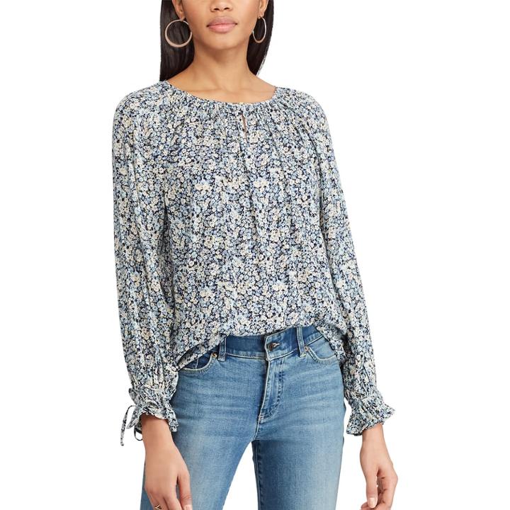 Petite Chaps Floral Peasant Top, Women's, Size: S Petite, Blue