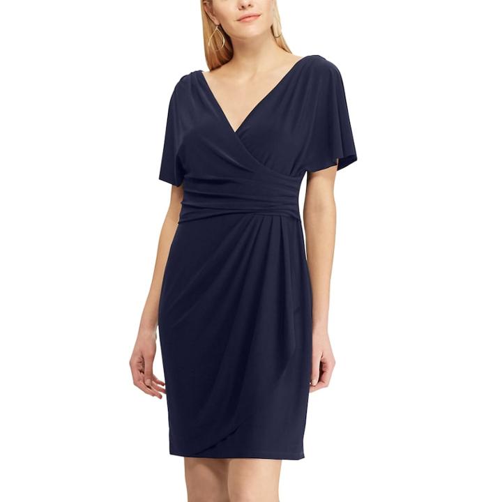 Petite Chaps Surplice Faux-wrap Dress, Women's, Size: M Petite, Blue (navy)