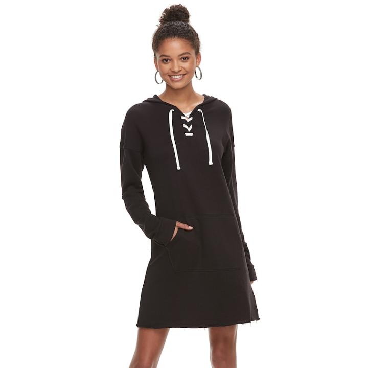 Juniors' So&reg; Lace-up Hooded Long Sleeve Dress, Teens, Size: Small, Black