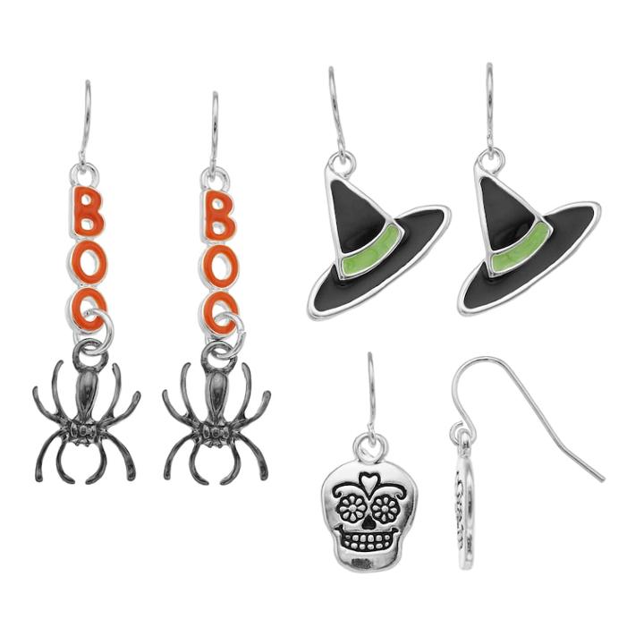 Skeleton, Hat & Spider Nickel Free Drop Earring Set, Women's, Multicolor