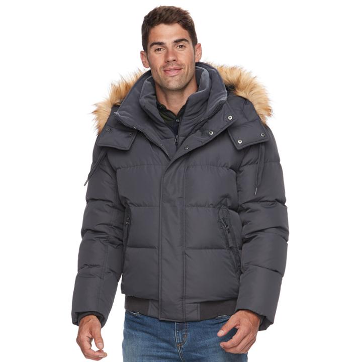 Men's Am Studio By Andrew Marc Down Faux-fur Hooded Bomber Jacket, Size: Medium, Grey Other
