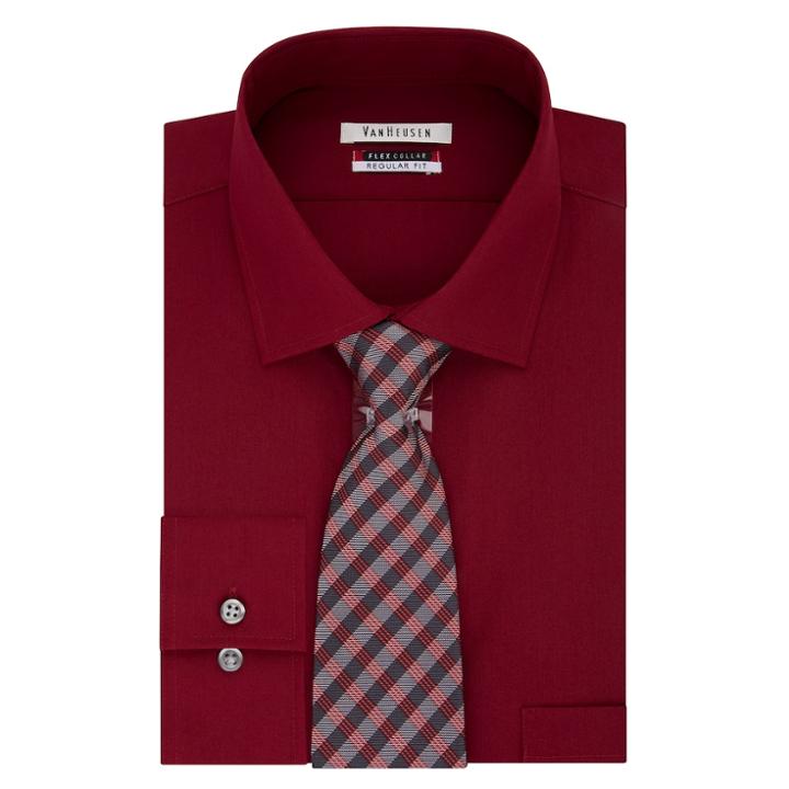Men's Van Heusen Regular-fit Flex Collar Dress Shirt & Tie, Size: Xl-36/37, Med Red