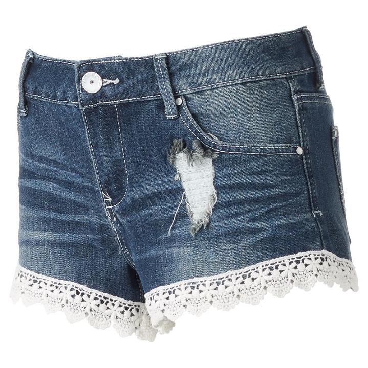 Juniors' Almost Famous Crochet Hem Shortie Jean Shorts, Girl's, Size: 9, Dark Blue