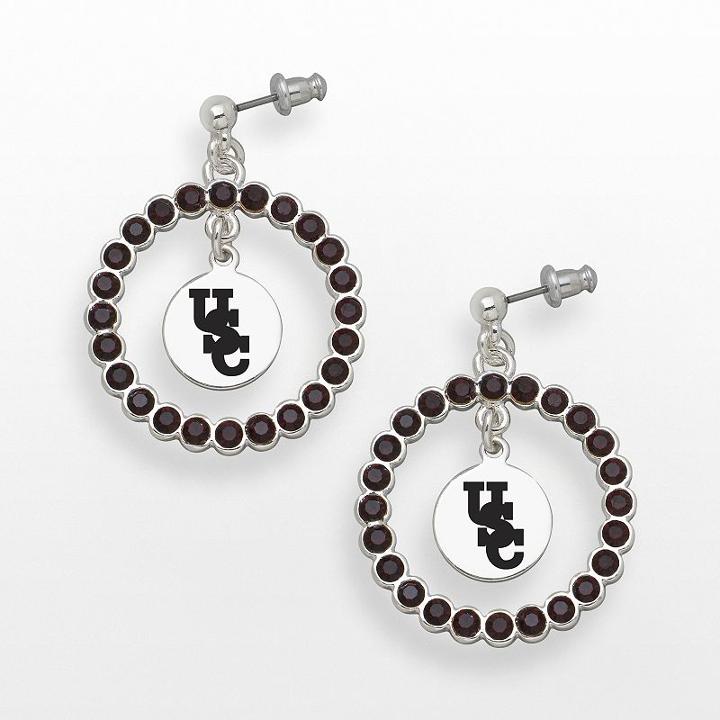 Logoart South Carolina Gamecocks Silver Tone Crystal Logo Charm Hoop Drop Earrings, Women's, Red