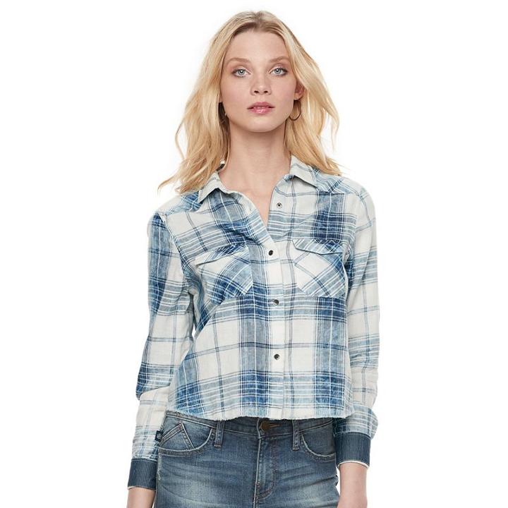Women's Rock & Republic&reg; Crop Plaid Shirt, Size: Small, Med Blue