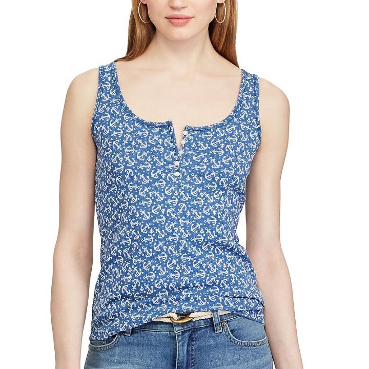 Women's Chaps Printed Henley Tank, Size: Large, Pink Ovrfl