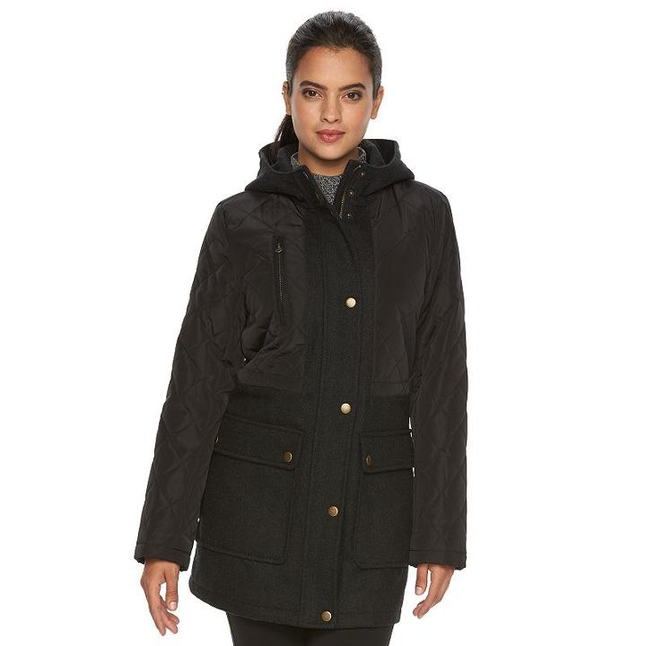 Women's Apt. 9&reg; Hooded Quilted Wool Blend Anorak Jacket, Size: Large, Grey (charcoal)