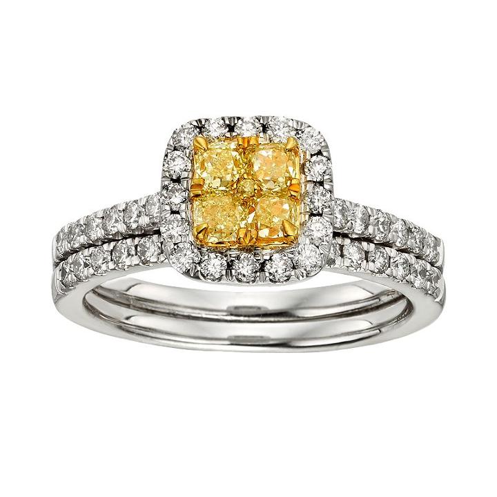 Yellow And White Diamond Halo Engagement Ring Set In Two Tone 14k Gold (1 Ct. T.w.), Women's, Size: 7