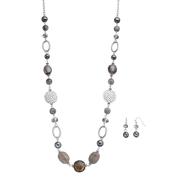 Long Gray Beaded Necklace & Linear Drop Earring Set, Women's, Grey