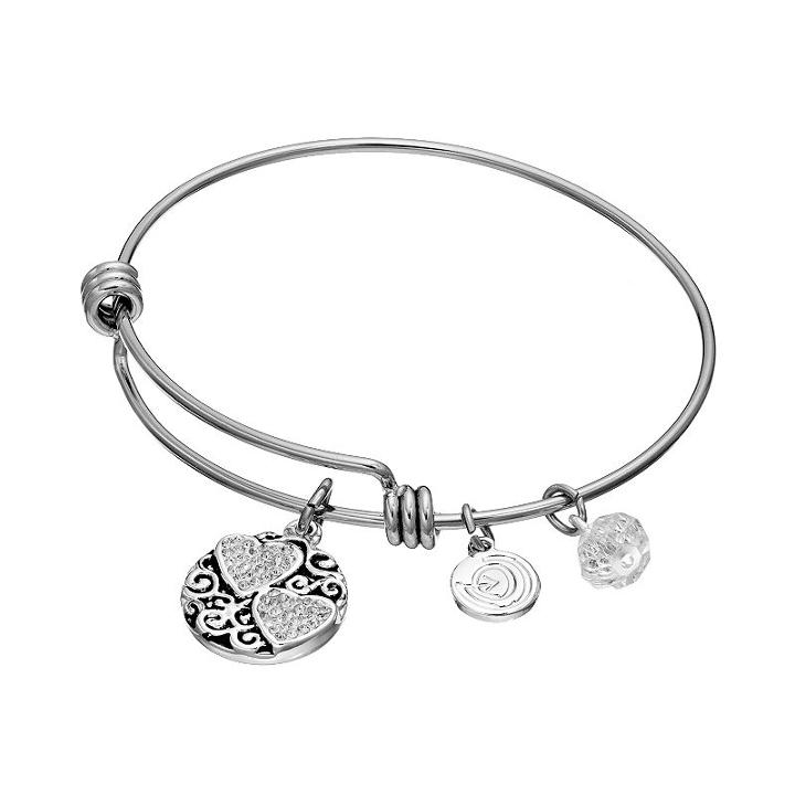 Love This Life Crystal Mother Daughter Friends Forever Heart Charm Bangle Bracelet, Women's, White