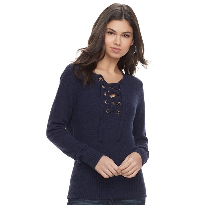 Juniors' Pink Republic Lace-up Long Sleeve Sweater, Teens, Size: Large, Dark Blue