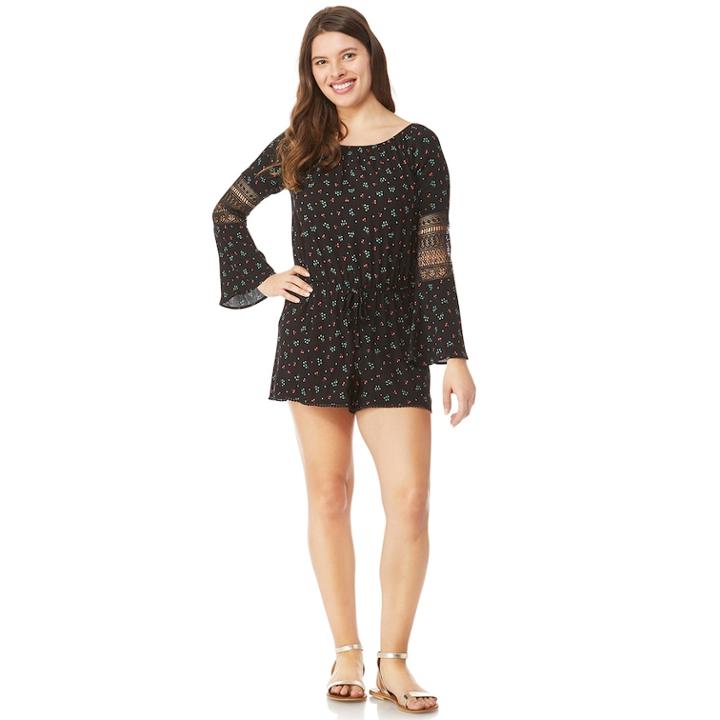 Juniors' Wallflower Printed Off-the-shoulder Bell Sleeve Romper, Teens, Size: Large, Black