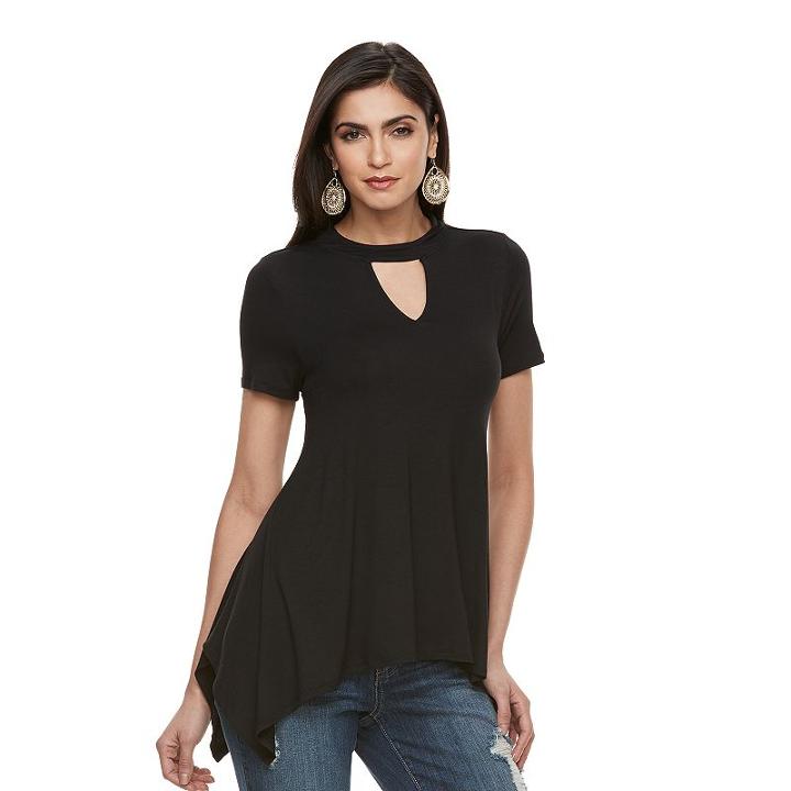 Women's Jennifer Lopez Keyhole Handkerchief Tee, Size: Medium, Black