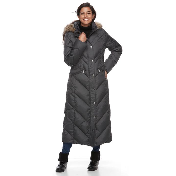 Women's Tower By London Fog Faux-fur Trim Down Long Puffer Jacket, Size: Large, Grey (charcoal)