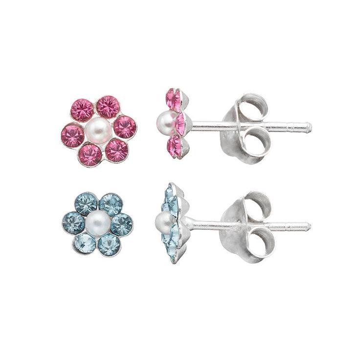 Charming Kids' Sterling Silver Crystal Flower Stud Earring Set - Made With Swarovski Crystals, Girl's, Multicolor