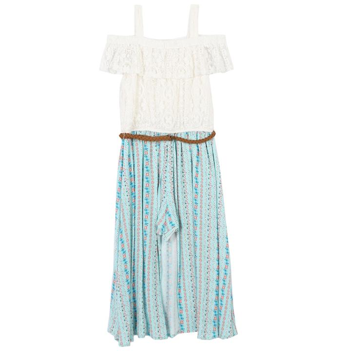Girls 7-16 Speechless Cold Shoulder Lace Print Belted Maxi Romper, Size: 10, Green