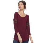 Juniors' Pink Rose Shirttail Mesh Sleeve Top, Teens, Size: Small, Dark Red
