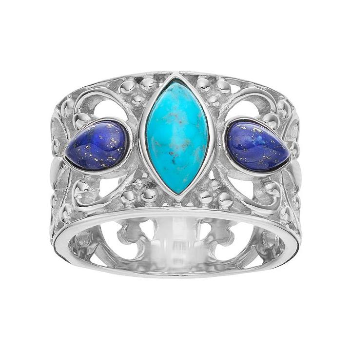 Sterling Silver Simulated Turquoise & Simulated Lapis Lazuli Cabochon Ring, Women's, Size: 8, Multicolor