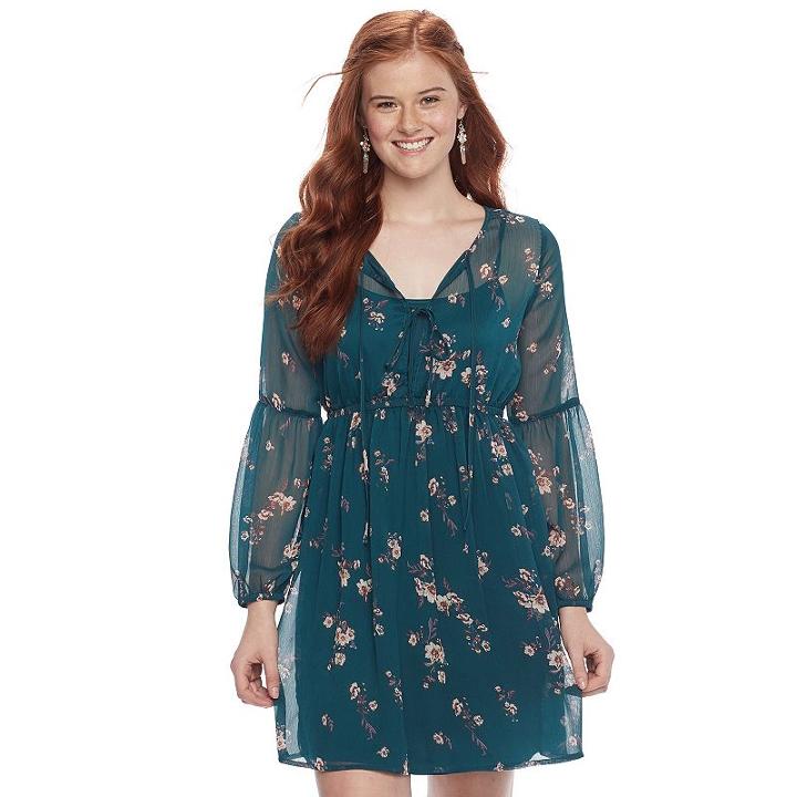 Juniors' Mudd&reg; Print Tie Front Chiffon Dress, Teens, Size: Medium, Green