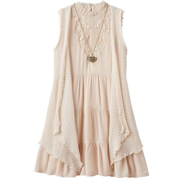 Girls 7-16 Knitworks Vest, Necklace & Tiered Dress Set, Girl's, Size: 14, Beig/green (beig/khaki)