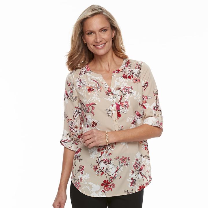 Women's Croft & Barrow&reg; Smocked Printed Top, Size: Small, Lt Beige