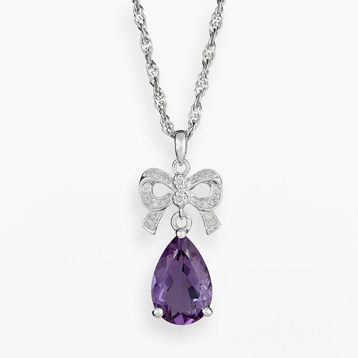 Sterling Silver Amethyst And Diamond Accent Bow Pendant, Women's, Size: 18, Purple