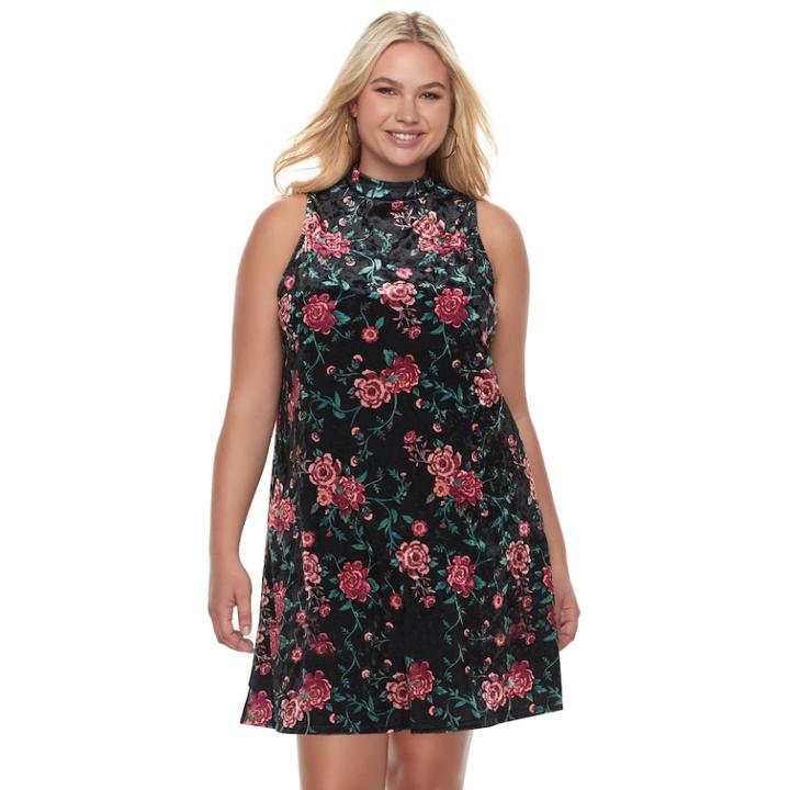 Juniors' Plus Size Mudd&reg; Floral Velvet Swing Dress, Teens, Size: 1xl, Black
