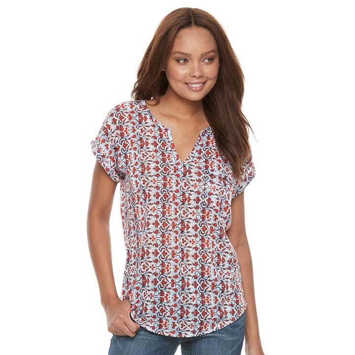 Kate And Sam, Petite Printed Splitneck Tee, Women's, Size: L Petite, Med Blue