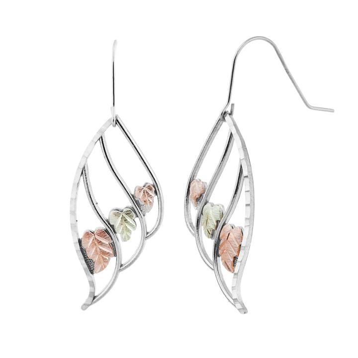 Black Hills Gold Tri-tone Openwork Leaf Drop Earrings In Sterling Silver, Women's, Grey