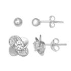 Primrose Sterling Silver Ball & Cubic Zirconia Flower Stud Earring Set, Women's, White