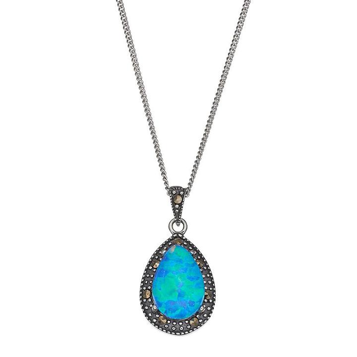 Tori Hill Sterling Silver Simulated Blue Opal Doublet & Marcasite Teardrop Pendant Necklace, Women's