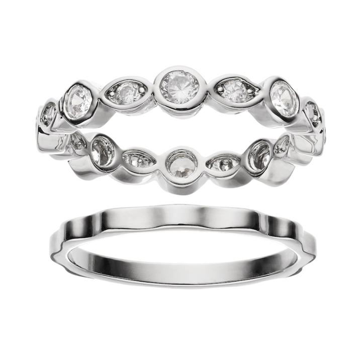 Cubic Zirconia Silver-plated Wavy Ring Set, Women's, White