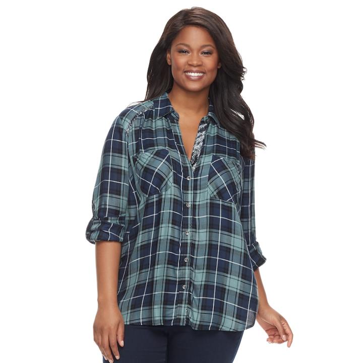 Plus Size Rock & Republic&reg; Metallic Plaid Top, Women's, Size: 1xl, Dark Blue