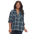 Plus Size Rock & Republic&reg; Metallic Plaid Top, Women's, Size: 1xl, Dark Blue