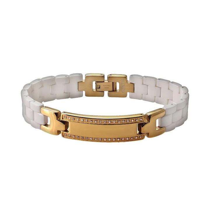 Yellow Immersion-plated Stainless Steel And White Ceramic Cubic Zirconia Id Bracelet - Men, Size: 8.5
