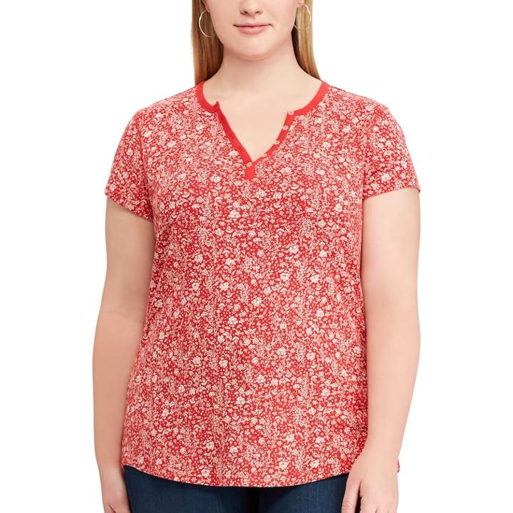 Plus Size Chaps Button Accent Tee, Women's, Size: 3xl, Red