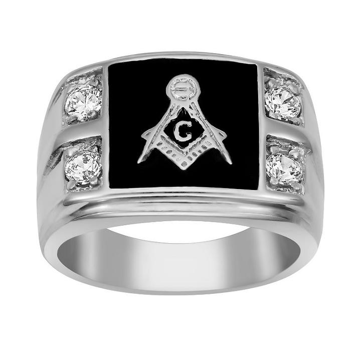Stainless Steel Cubic Zirconia Masonic Ring - Men, Size: 8, Black