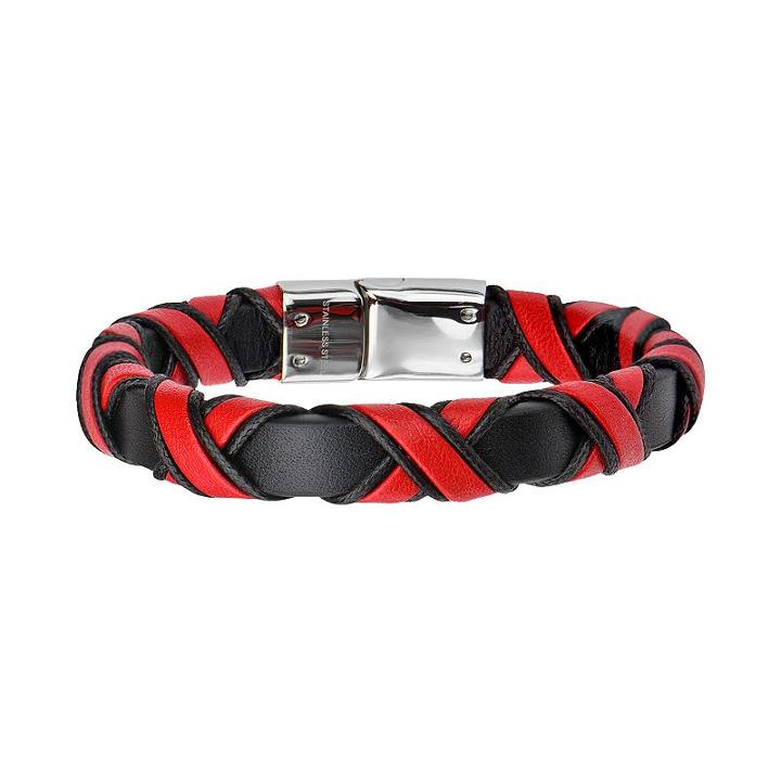 Men's Red & Black Leather Woven Bracelet, Size: 8, Multicolor