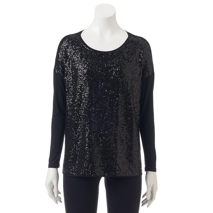 Women's Wdny Black Drop-shoulder Sequin Top, Size: Medium