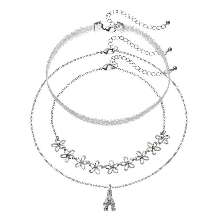 Mudd&reg; Eiffel Tower Pendant, Lace & Flower Necklace Set, Women's, Silver