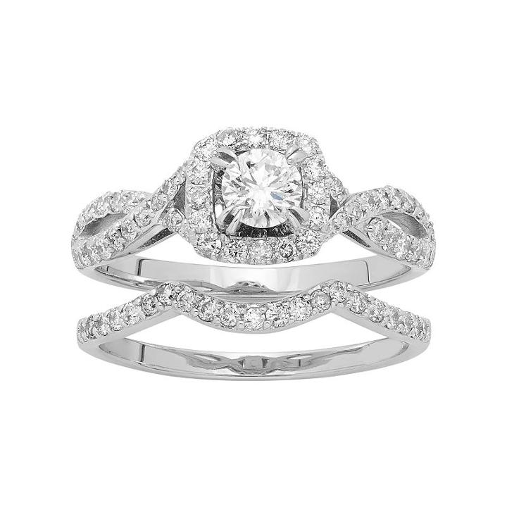 14k White Gold 1 Carat T.w. Igl Certified Diamond Halo Engagement Ring Set, Women's, Size: 5