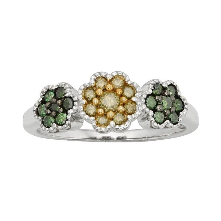 Sterling Silver 1/2-ct. T.w. Green And Yellow Diamond Flower Ring, Women's, Size: 8, Multicolor
