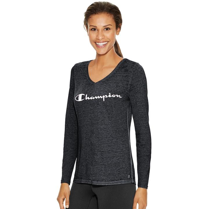 Women's Champion Long Sleeve V-neck Tee, Size: Large, Black