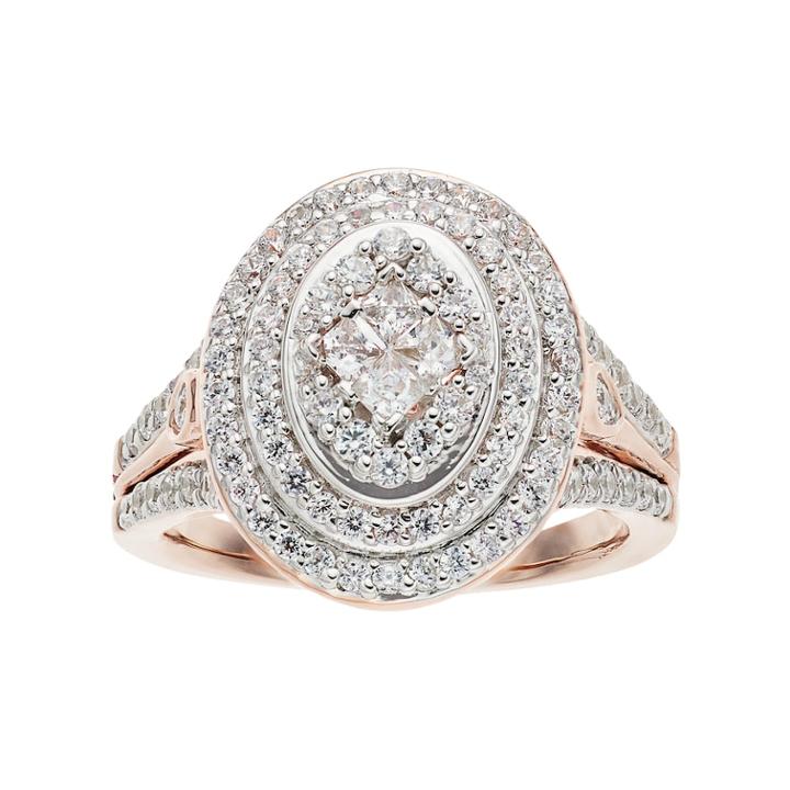 10k Rose Gold 1 Carat T.w. Diamond Double Oval Halo Ring, Women's, Size: 7, White