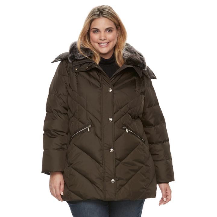 Plus Size Tower By London Fog Faux-fur Trim Puffer Coat, Women's, Size: 2xl, Med Green