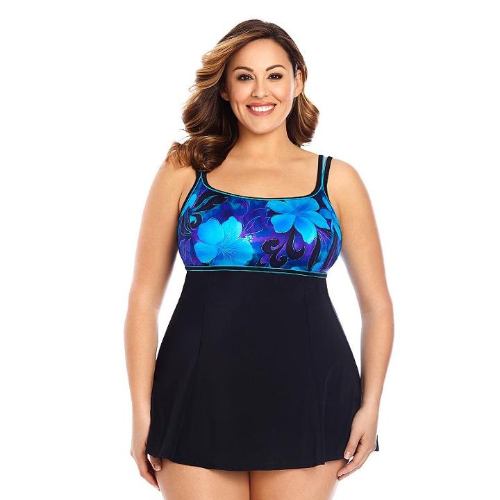 Plus Size Great Lengths Hip Minimizer Printed Empire Swimdress, Women's, Size: 18, Blue