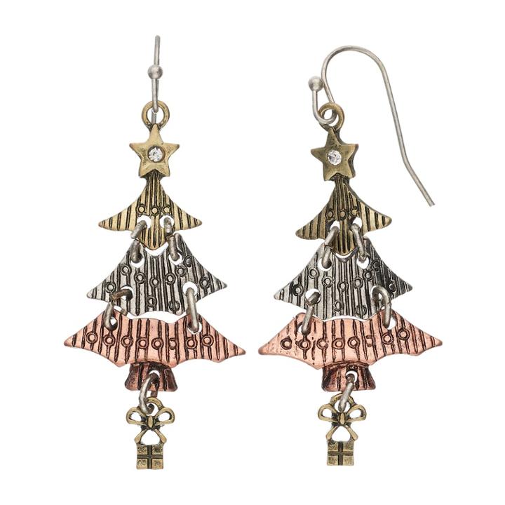 Tri Tone Antiqued Christmas Tree Nickel Free Drop Earrings, Women's, Multicolor