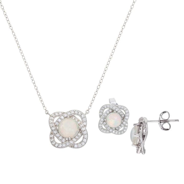 Sterling Silver Lab-created Opal & Cubic Zirconia Necklace & Stud Earring Set, Women's, Size: 18, White
