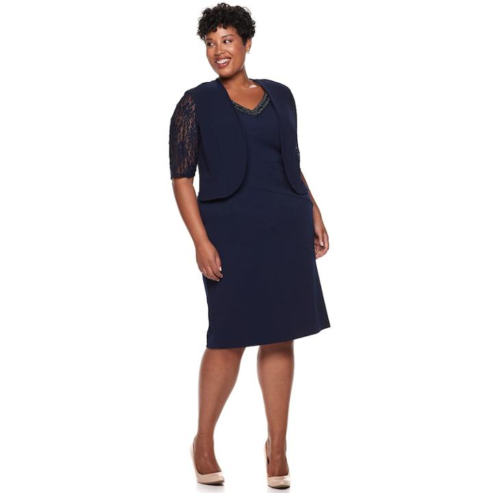 Plus Size Maya Brooke Lace & Beaded Jacket Dress, Women's, Size: 24 W, Blue (navy)